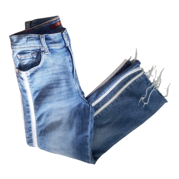 7 FAMK Jean Womens 24 Blue Denim Alexa Cropped Frayed Striped Wide Leg Raw Hem - Picture 6 of 12